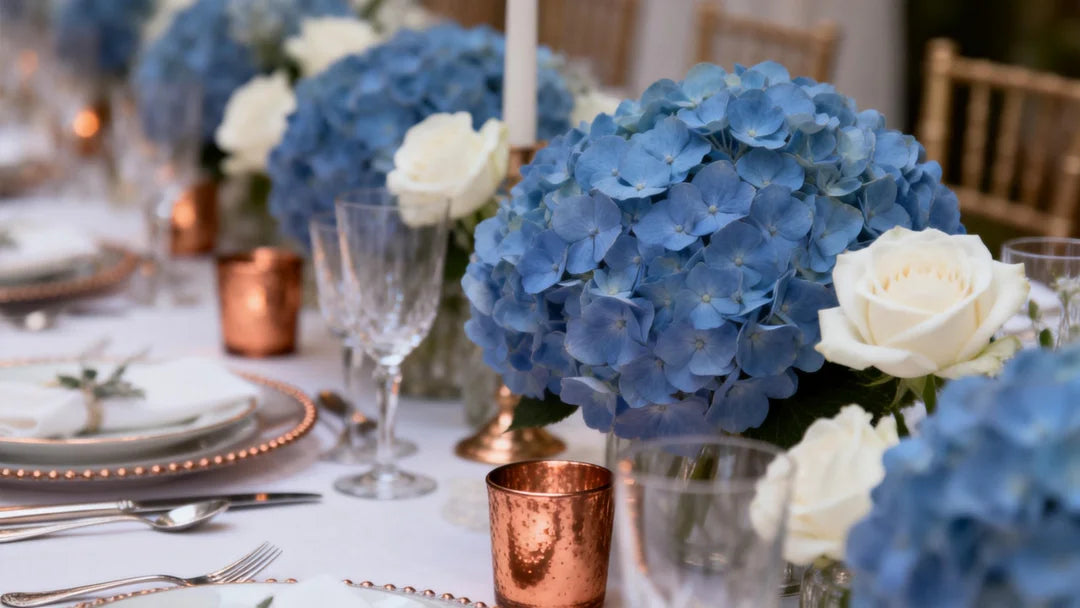 a lavish wedding reception table setting featuring a mixture of dusty blue hydrangeas, white roses, and copper accents