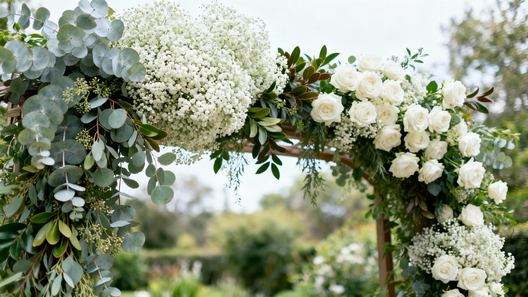a lush and wild organic wedding archway featuring abundance of Silver Dollar Eucalyptus and Italian Ruscus, large clouds of white Baby's Breath and white Garden Roses