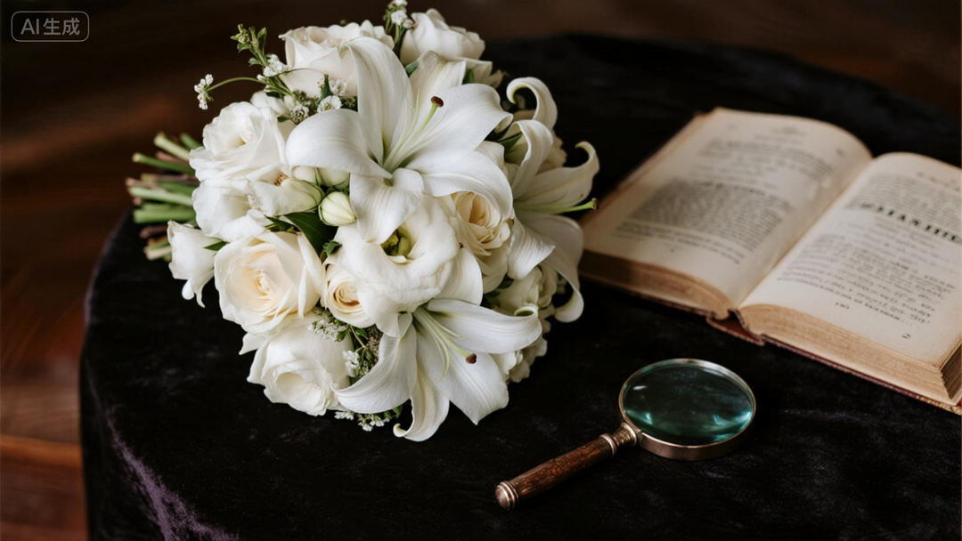 a luxurious, slightly messy bridal bouquet featuring white roses, peonies, and lilies, resting on a dark, moody velvet table or rustic dark wood