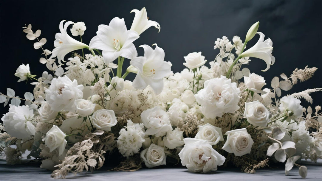 a massive, chaotic but beautiful white wedding flower installation