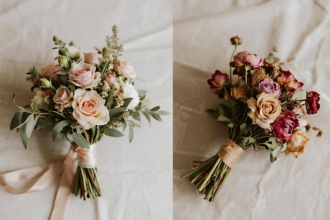 Silk bridal bouquet beside decaying fresh flower bouquet on beige fabric background