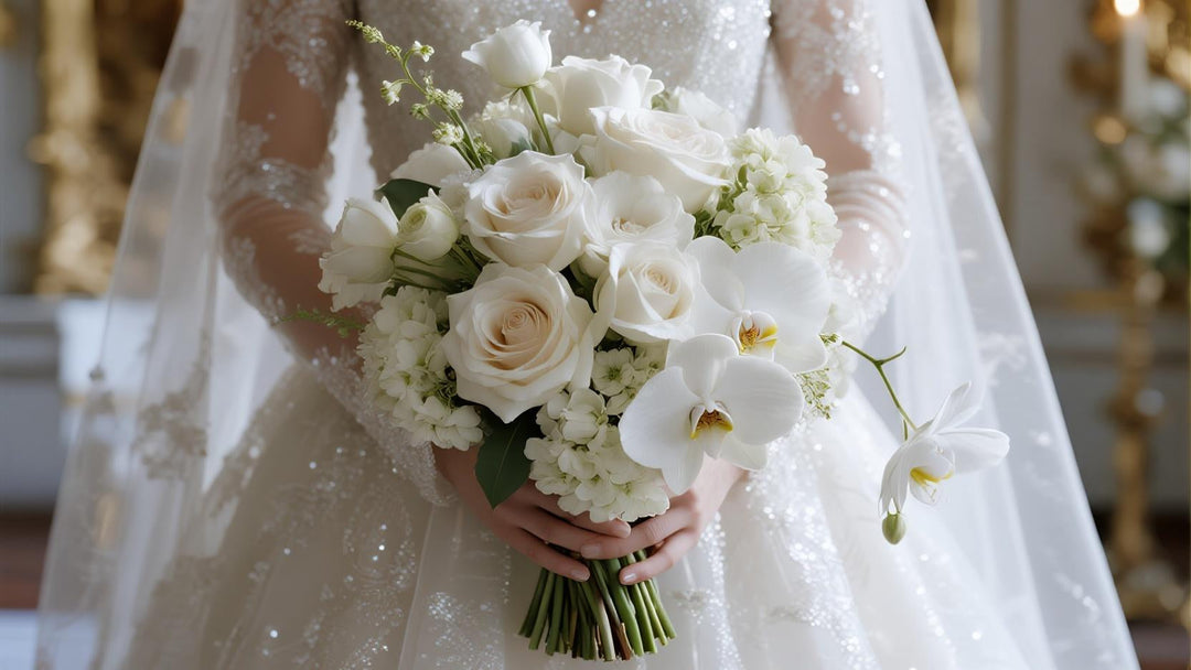 a pristine, luxurious white wedding bouquet featuring white roses, hydrangeas, and orchids
