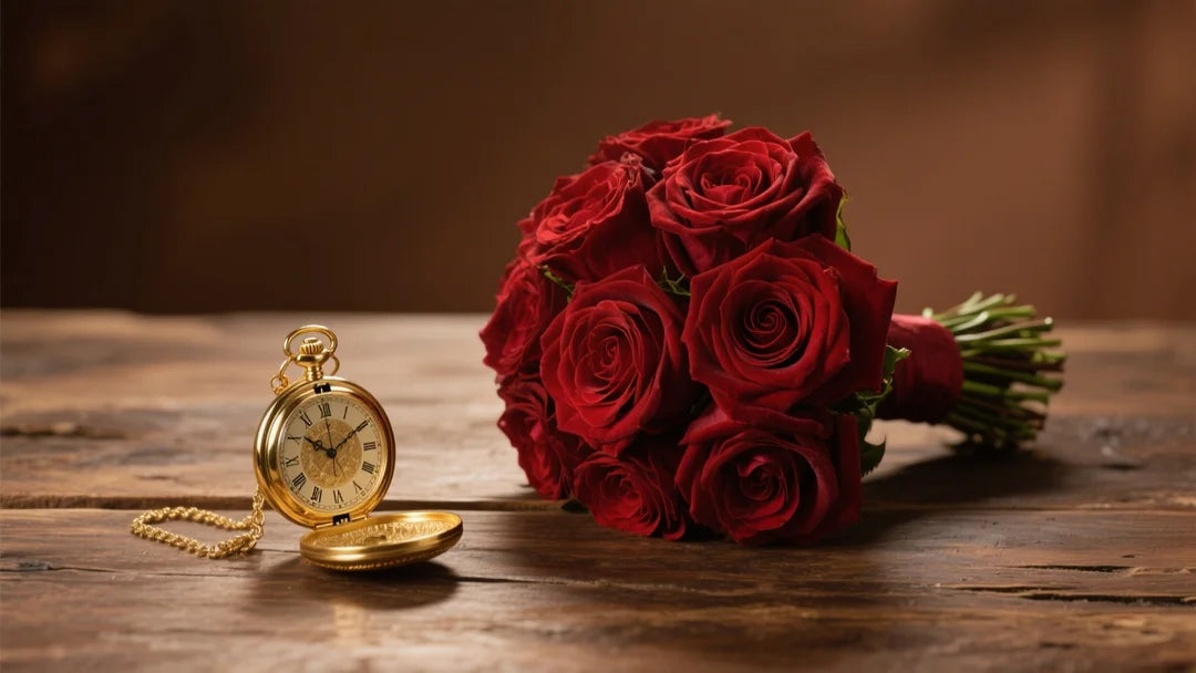 a pristine, velvet deep red rose bouquet resting on a rustic wooden table. Next to the bouquet is an elegant, vintage gold pocket watch, symbolizing the ticking clock of wedding floral logistics