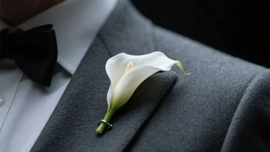 a sleek, miniature white calla lily boutonniere pinned perfectly to the left lapel of a tailored, charcoal-grey wool suit