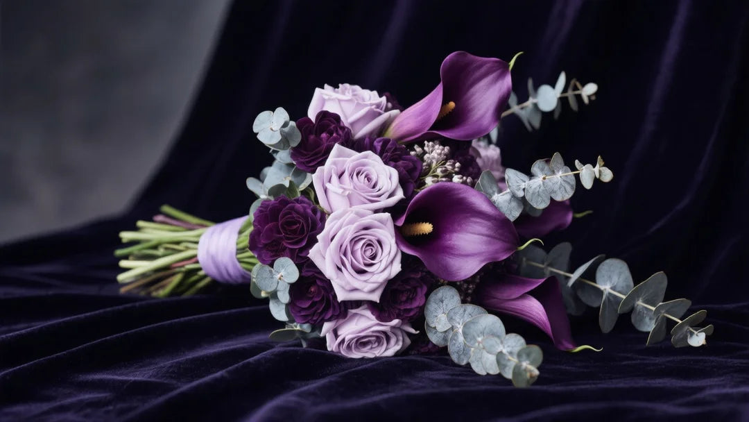 a stunning bridal purple flower bouquet resting on a dark velvet surface, featuring a mix of deep plum calla lilies