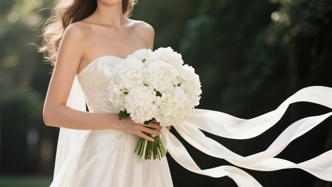 a stunning bride holding a massive, luxurious artificial white hydrangea flower bouquet