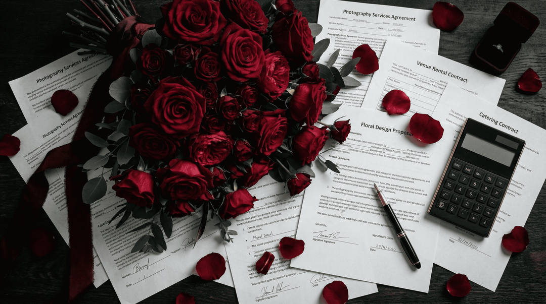 a stunning, oversized deep red rose bridal bouquet resting on top of a scattered, messy pile of wedding vendor contracts