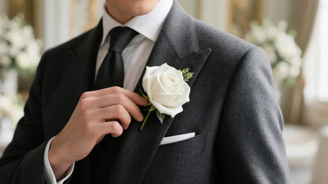 a stylish groom in a sharp charcoal worsted wool suit, confidently adjusting a flawless, hyper-realistic faux white rose boutonniere on his left lapel