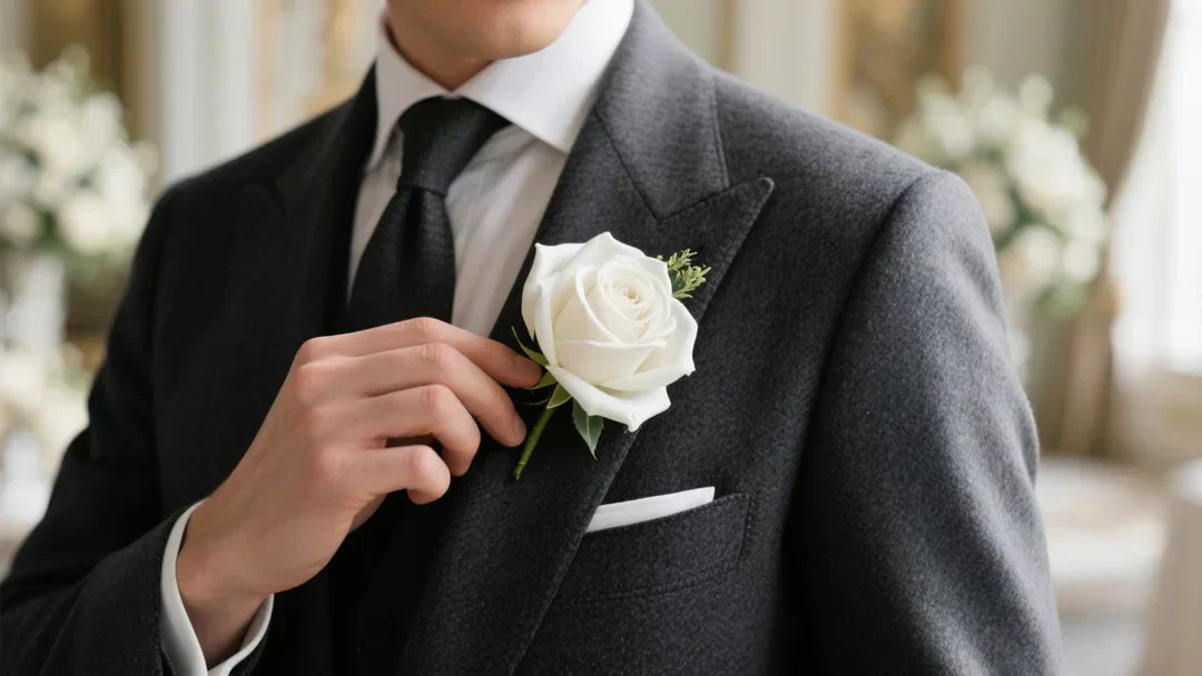 a stylish groom in a sharp charcoal worsted wool suit, confidently adjusting a flawless, hyper-realistic faux white rose boutonniere on his left lapel