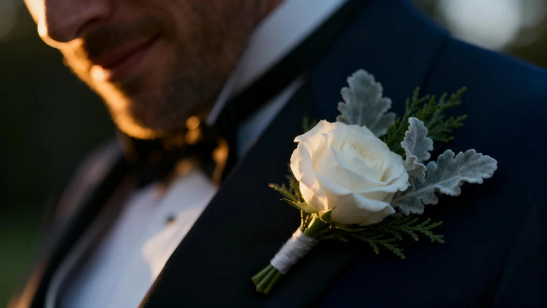 a stylish groom wearing a dark navy tuxedo. On the lapel is a hyper-realistic, elegant white rose boutonniere with dusty miller greenery
