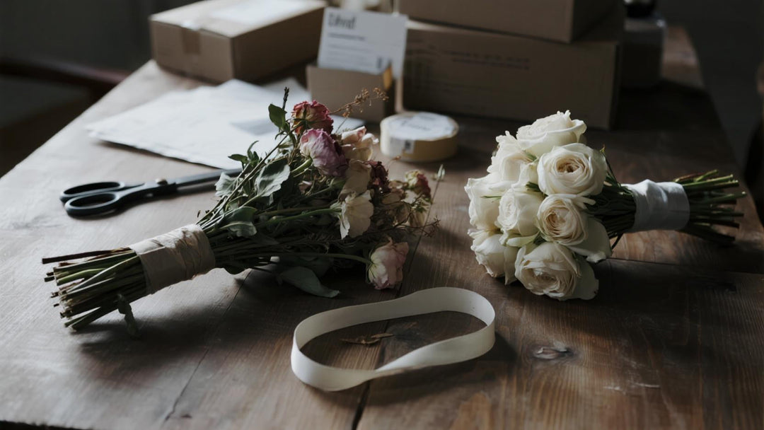 Withered flower bouquet and fresh silk rose bouquet on wooden table with scissors and ribbon
