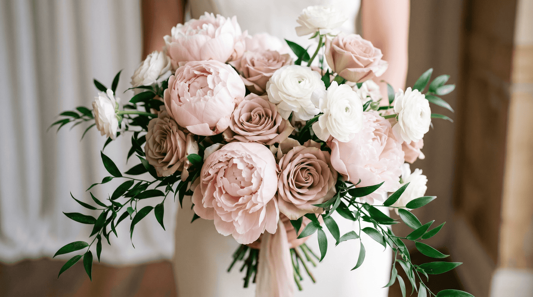 close-up of a luxurious asymmetrical bridal bouquet featuring soft blush pink peonies, delicate white butterfly ranunculus, and dusty 'Quicksand' roses