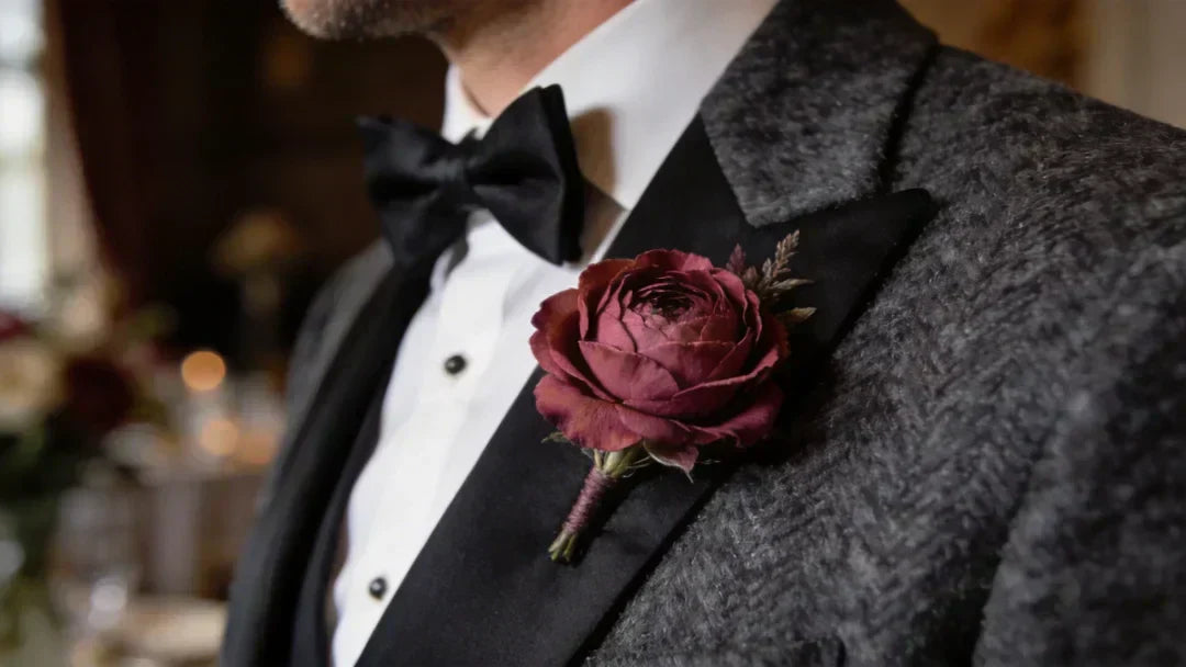 close-up photography of a groom's tuxedo lapel, focusing on a sophisticated boutonniere. The flower is a deep terracotta or dusty rose color, contrasting with a textured charcoal grey wool suit