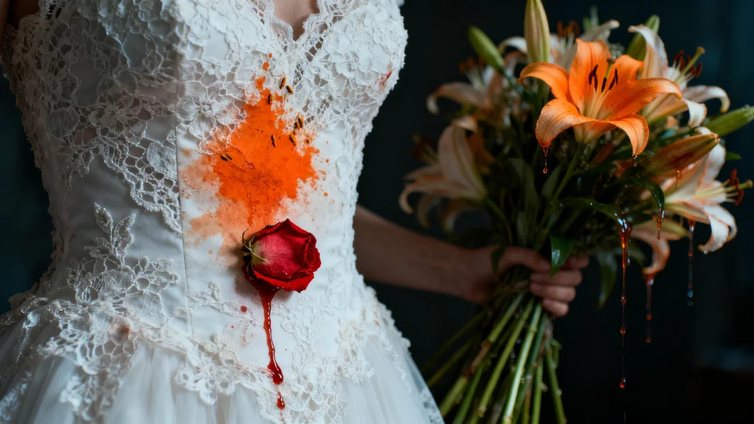 close-up shot of a pristine white lace wedding dress bodice. On the white fabric, there is a vibrant, smudged orange lily pollen stain and a single crushed red rose petal leaving a trail of juice