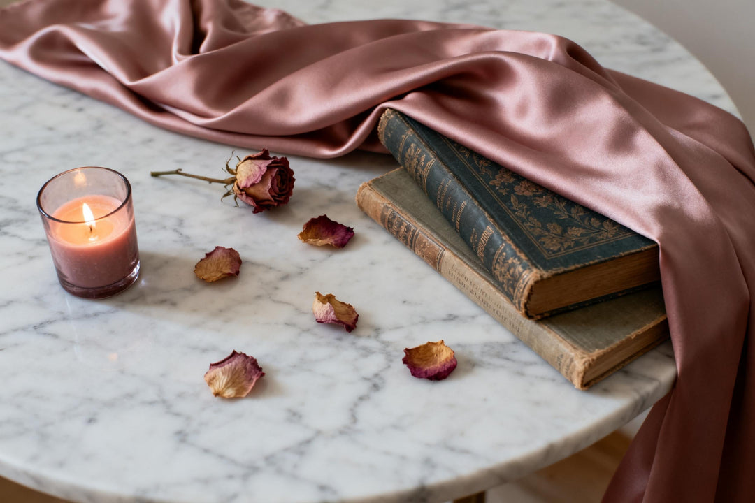 Dusty rose silk fabric draped on marble table with vintage books, dried rose petals, and lit candle.