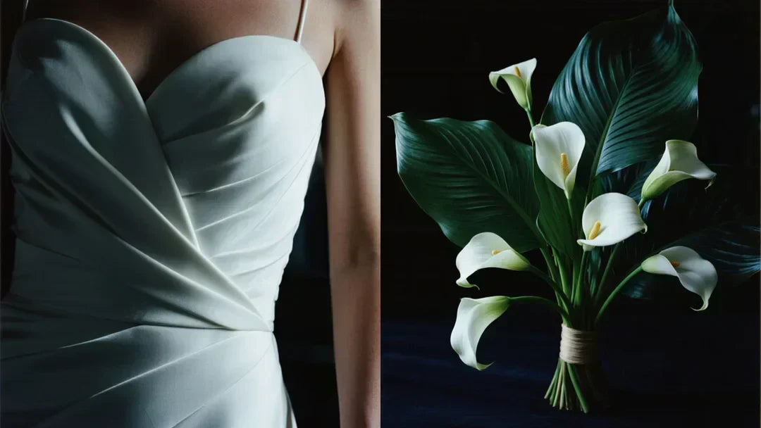 left a close-up detail of a luxurious Mikado silk wedding dress with sharp architectural lines. right a stunning, structured bridal bouquet with Calla Lilies and glossy tropical leaves.