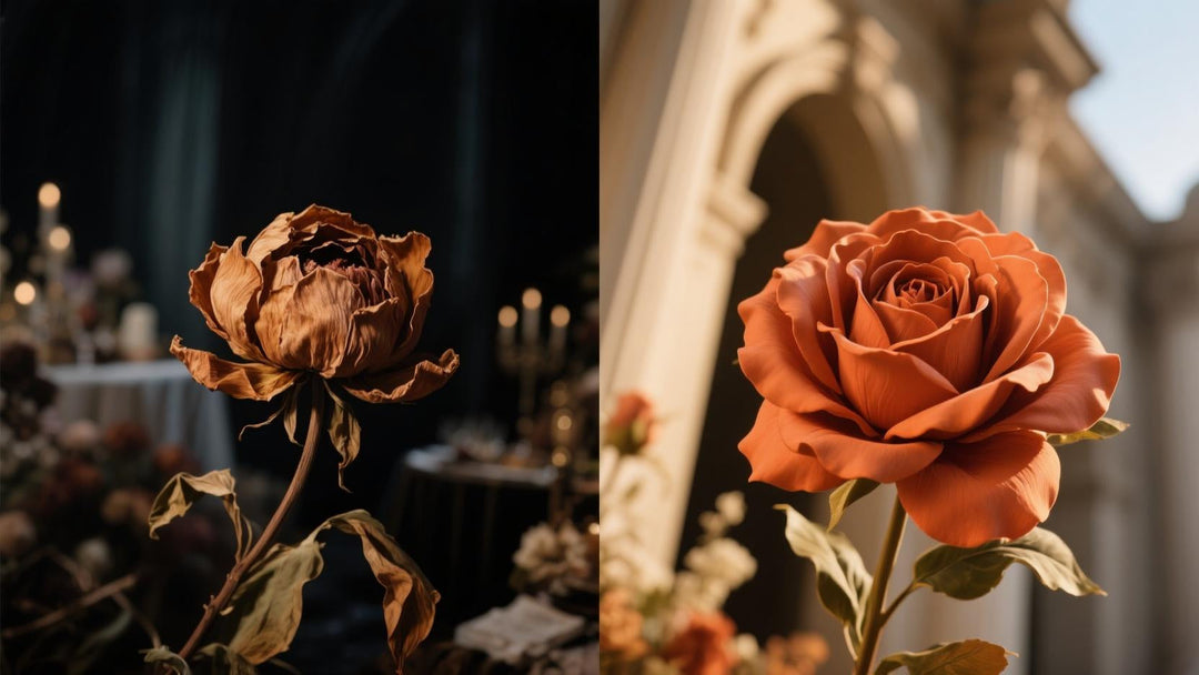 left a close-up of a wilted, brown, sad-looking fresh peony flower in a dark, chaotic wedding setting. right a vibrant, high-definition, perfect Real Touch terracotta artificial rose catching the golden hour sunlight, looking crisp and architectural