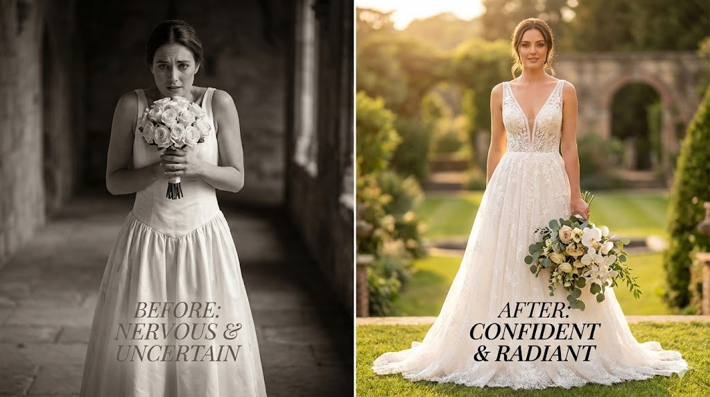 left: a nervous bride hunching shoulders, holding a bouquet too high, hiding her dress bodice. right: a confident bride in a lace wedding gown, standing with shoulders down, holding a cascading bouquet low at the hip