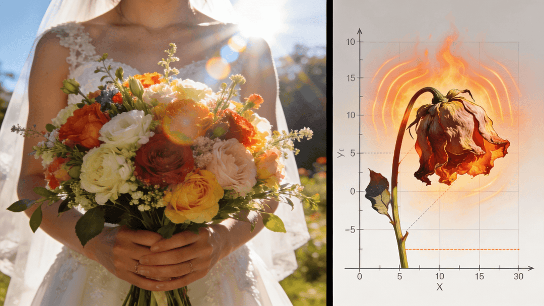 left side a close-up of a stunning, fresh, vibrant wedding bouquet held by a bride. right side a stylized, slightly exaggerated scientific diagram of a wilting flower with heat waves