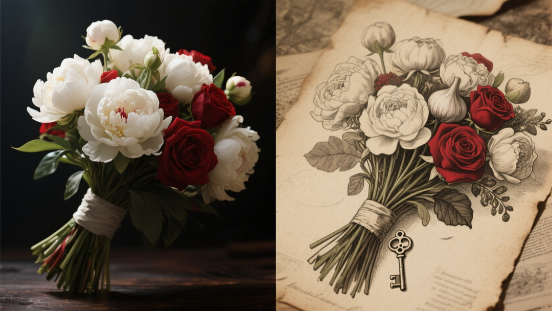 left side: a hyper-realistic, glowing, modern bridal bouquet. right side: a vintage, sepia-toned Victorian illustration style of the same bouquet