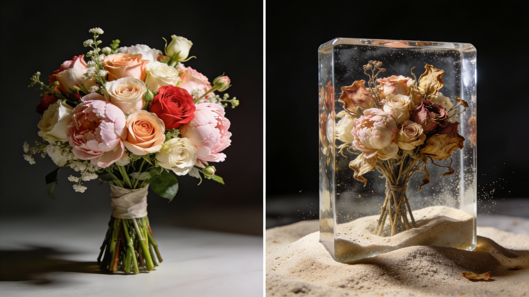 left side a vibrant, fresh wedding bouquet with roses and peonies.right side the same bouquet being preserved, slightly dried but artistic, encased in a clear epoxy resin block