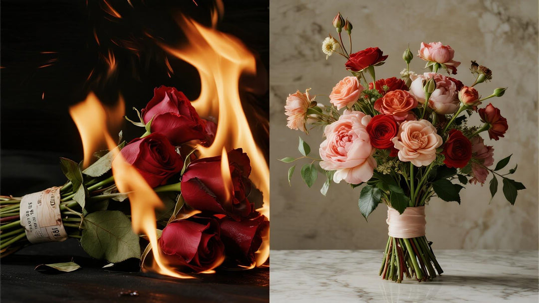 left side a wilting, sad-looking bunch of fresh roses with a ridiculously high price tag burning in flames. right side a stunning, vibrant, perfectly lit luxury silk bridal bouquetsitting elegantly on a marble table