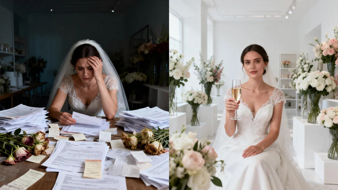 on the left, a stressed bride overwhelmed by paperwork and wilting real flowers in a dim scene; on the right, the same bride calm and confident in a bright, minimalist room with pristine artificial florals.