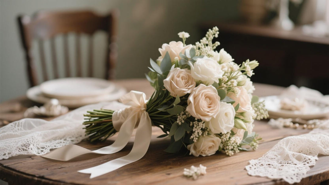 romantic silk wedding bouquet on a wooden table