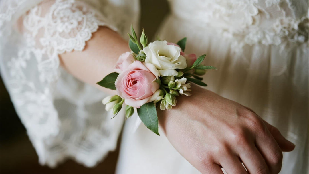 Elegant wrist corsage with pink and white roses on woman wearing lace dress