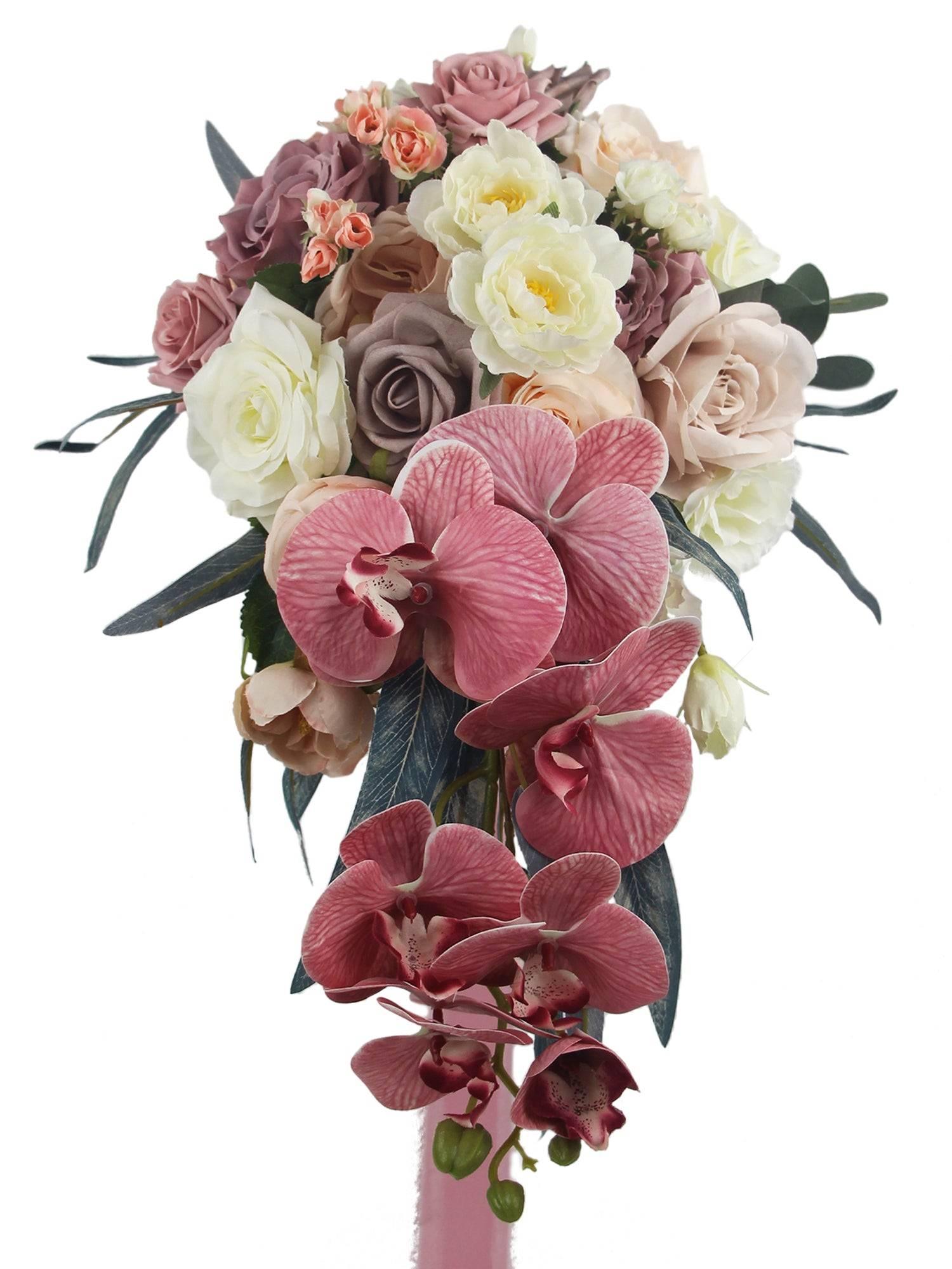 10.6 inch W Dusty Rose Cascading Bridal Bouquet - Rinlong Flower