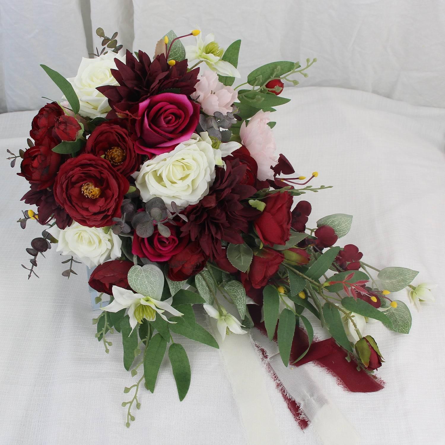 13.7 inch wide Burgundy Cascade Bridal Bouquet - Rinlong Flower