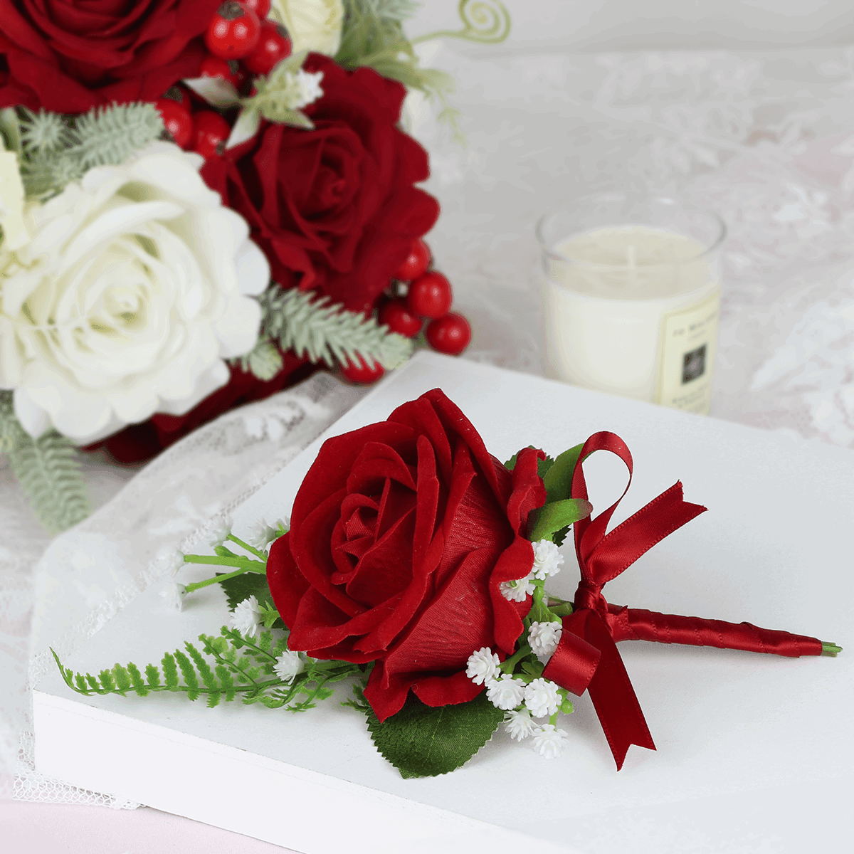 6Pcs Red Rose Boutonniere - Rinlong Flower