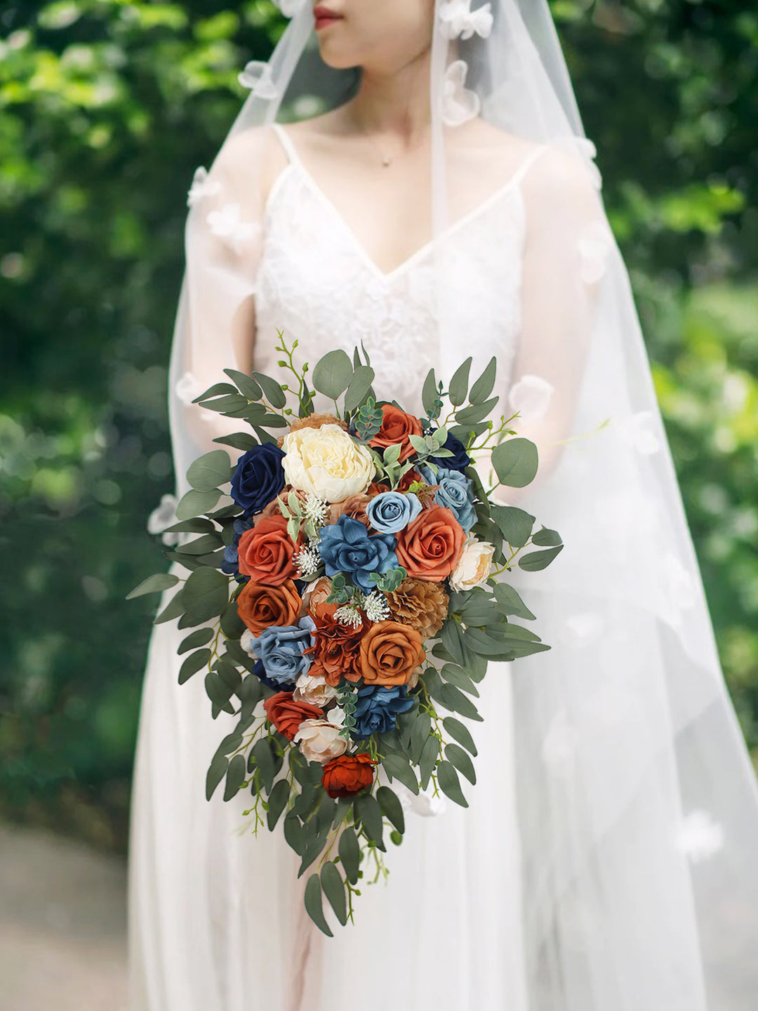 10 inch wide Navy Blue & Burnt Orange Cascading Bridal Bouquet - Rinlong Flower