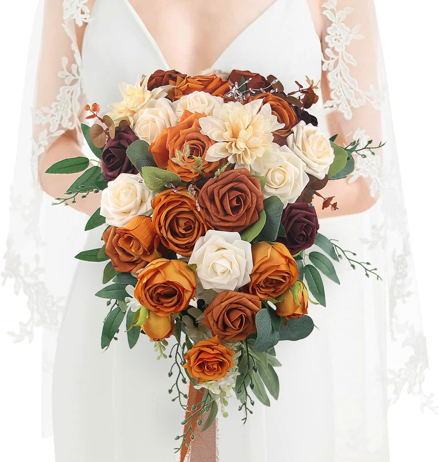13.3 inch wide Terracotta Cascading Bridal Bouquet