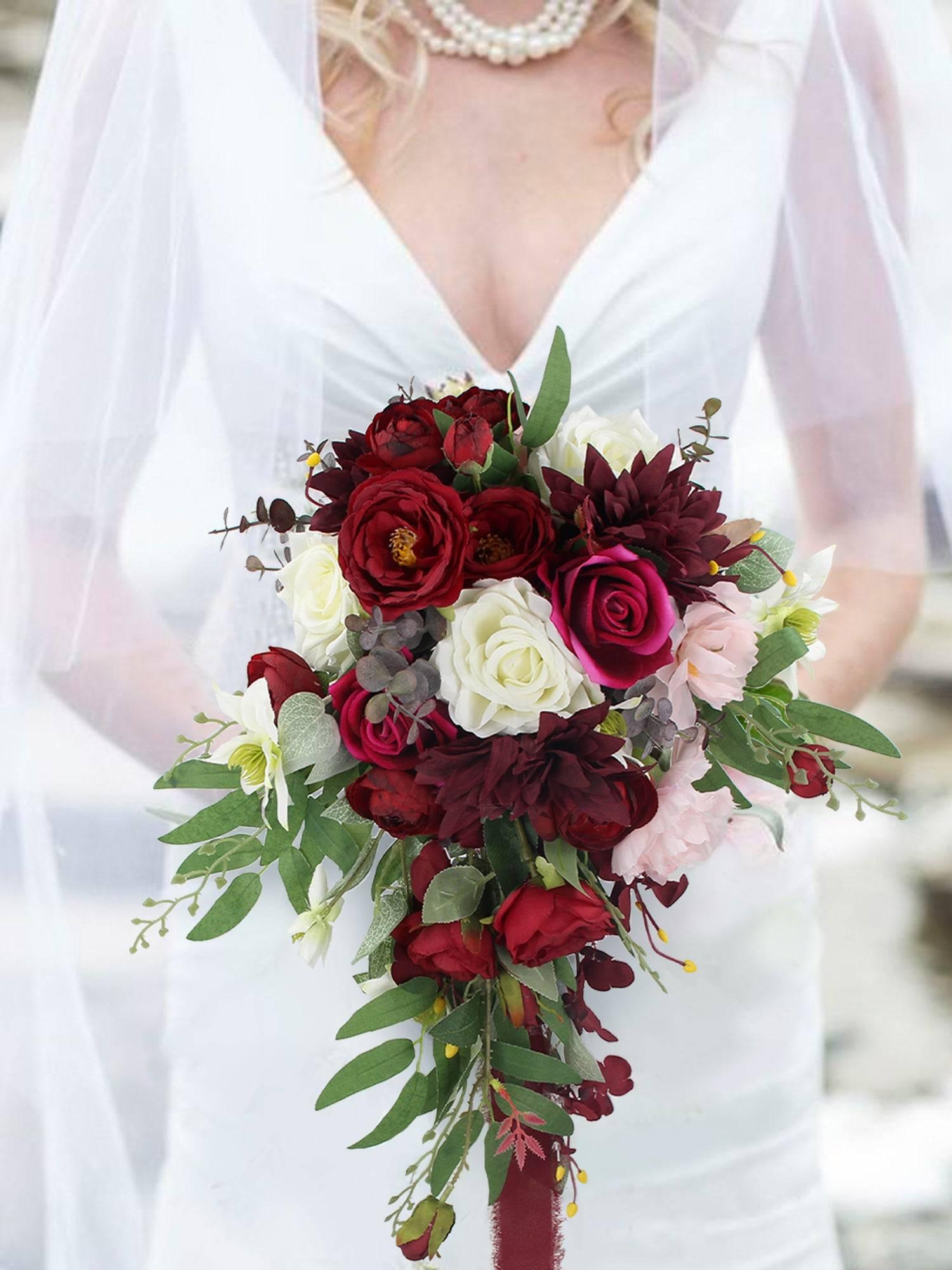 13.7 inch wide Burgundy Cascading Bridal Bouquet - Rinlong Flower