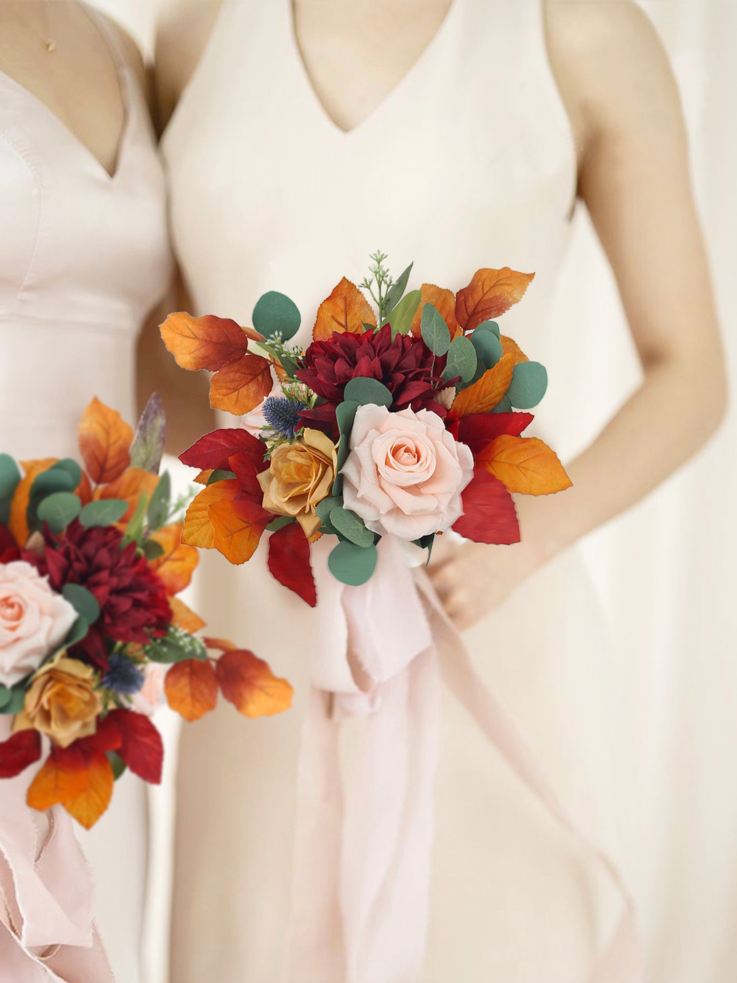 8.6 inch wide Red & Burnt Orange Bridesmaid Bouquet - Rinlong Flower