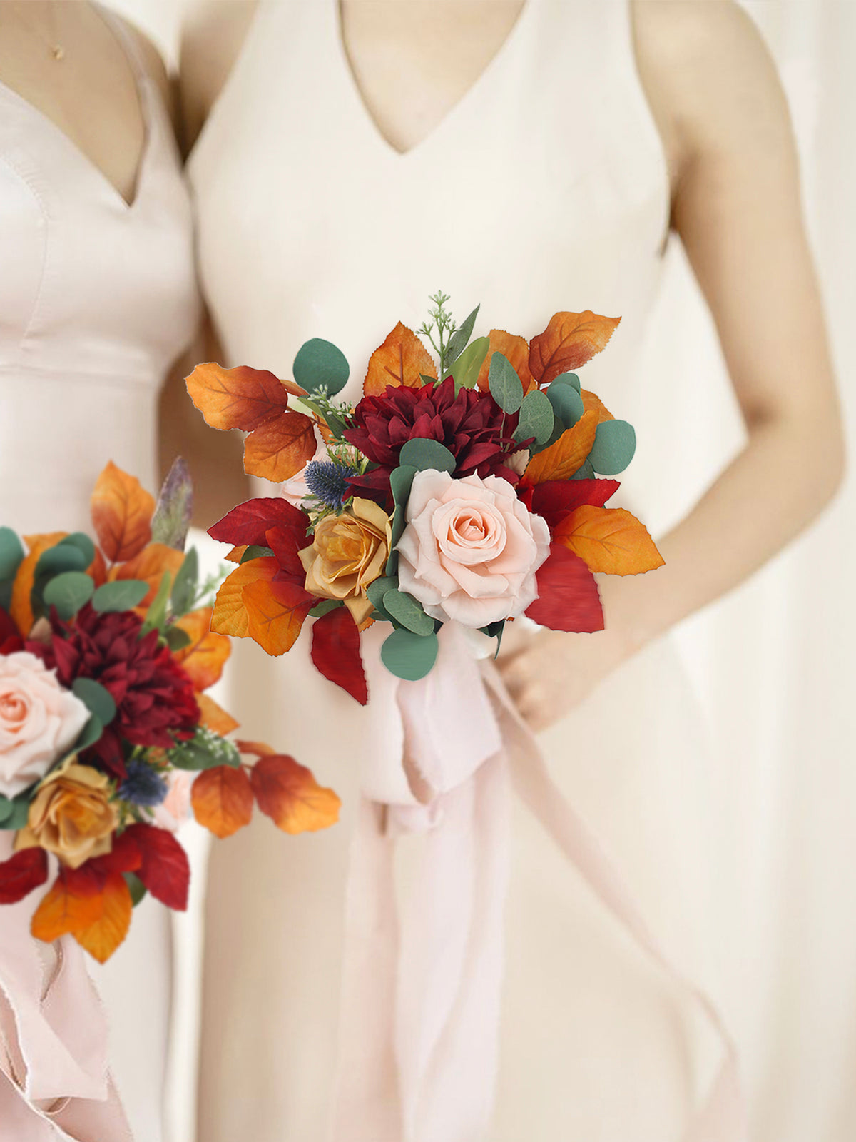 8.6 inch wide Red & Burnt Orange Bridesmaid Bouquet - Rinlong Flower
