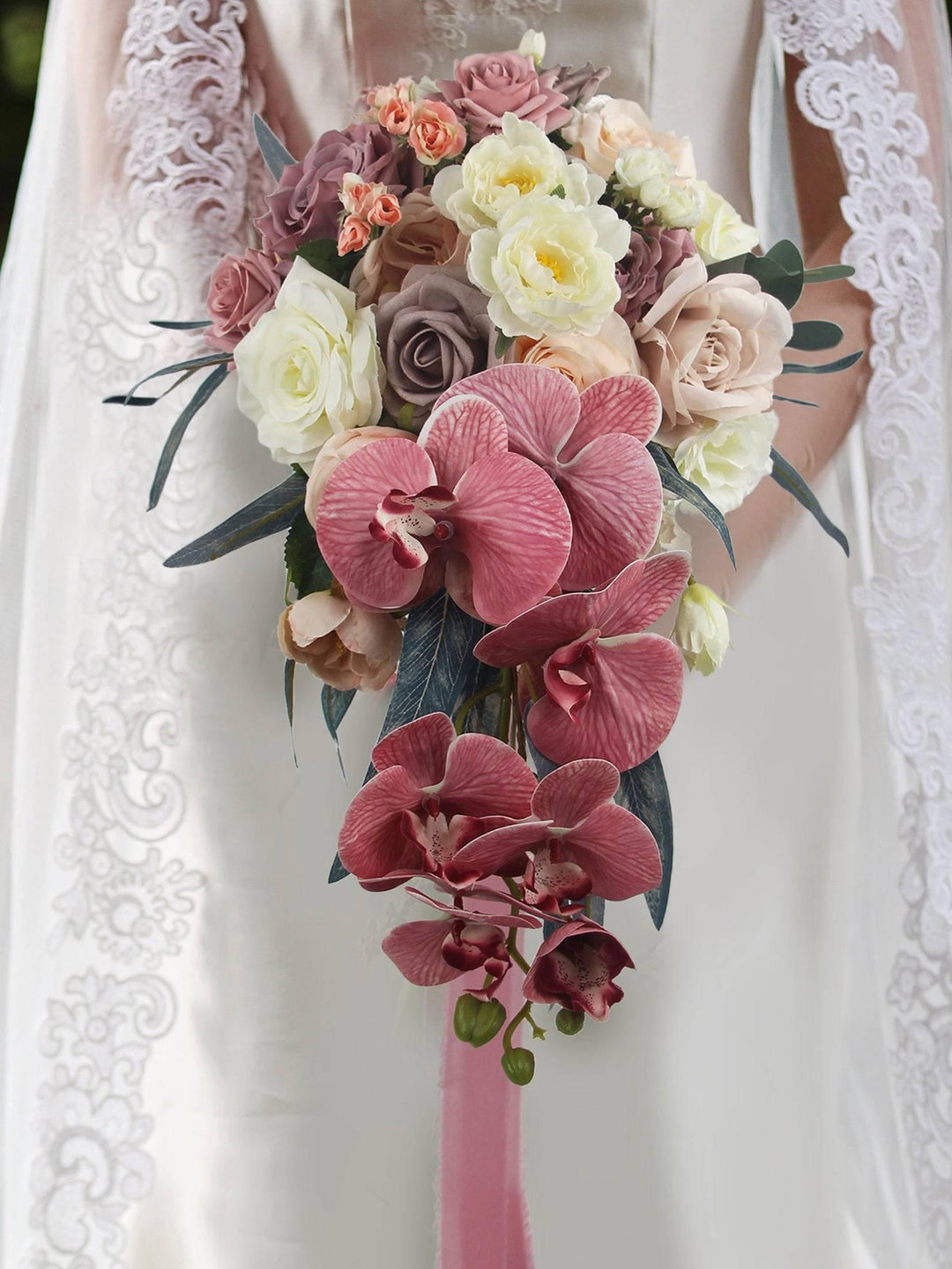 10.6 inch W Dusty Rose Cascading Bridal Bouquet - Rinlong Flower