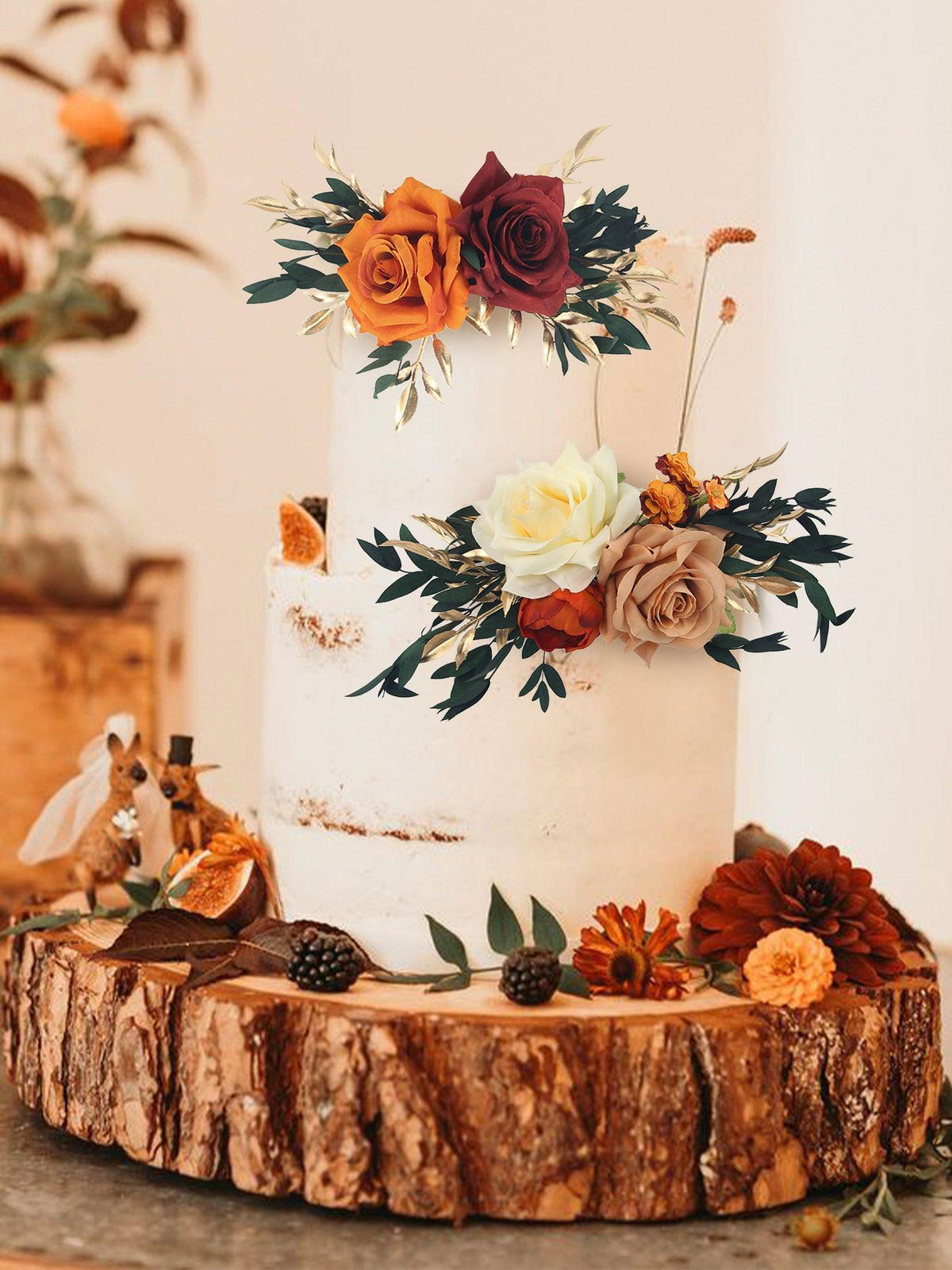 2Pcs Burnt Orange & Burgundy Cake Flowers Set - Rinlong Flower