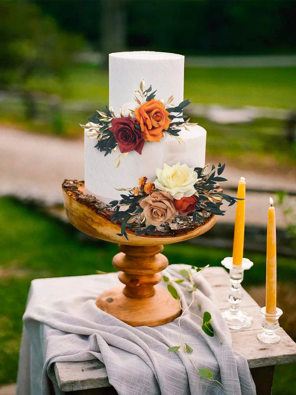 2Pcs Burnt Orange & Burgundy Cake Flowers Set - Rinlong Flower