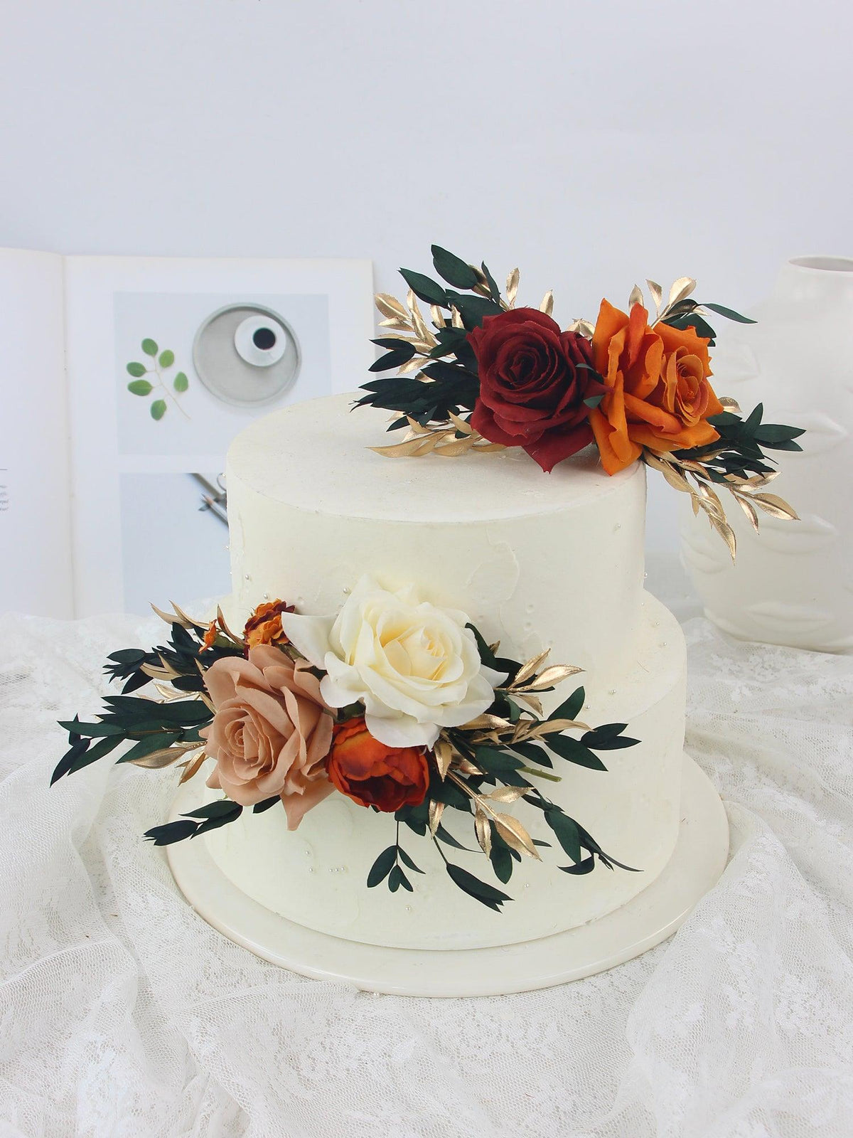 2Pcs Burnt Orange & Burgundy Cake Flowers Set - Rinlong Flower