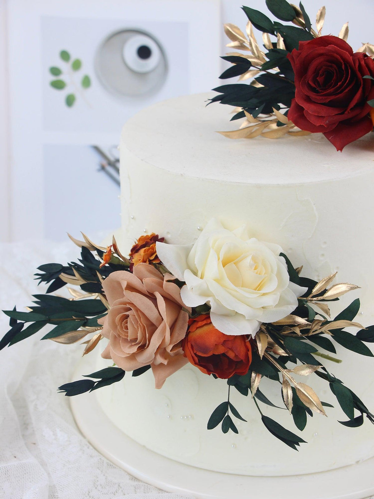 2Pcs Burnt Orange & Burgundy Cake Flowers Set - Rinlong Flower