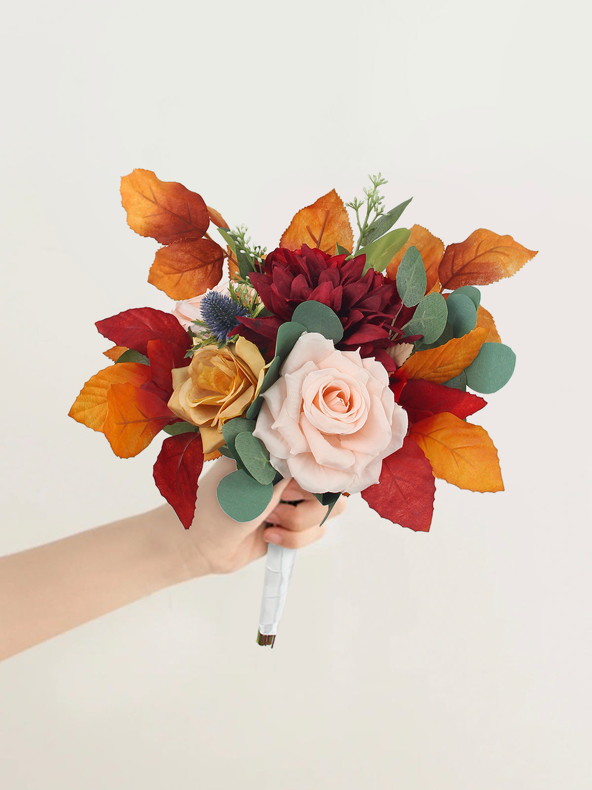 8.6 inch wide Red & Burnt Orange Bridesmaid Bouquet - Rinlong Flower