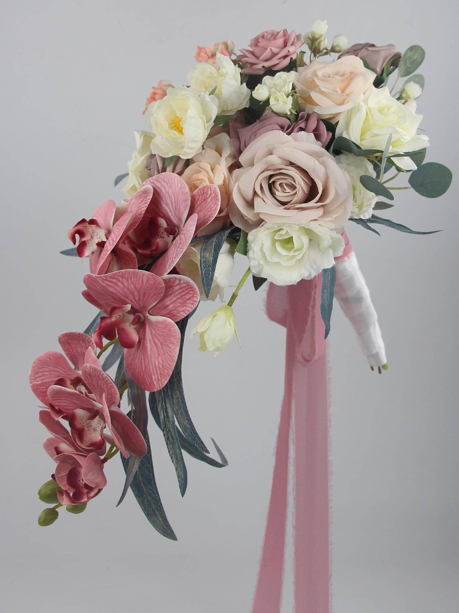 10.6 inch W Dusty Rose Cascading Bridal Bouquet - Rinlong Flower