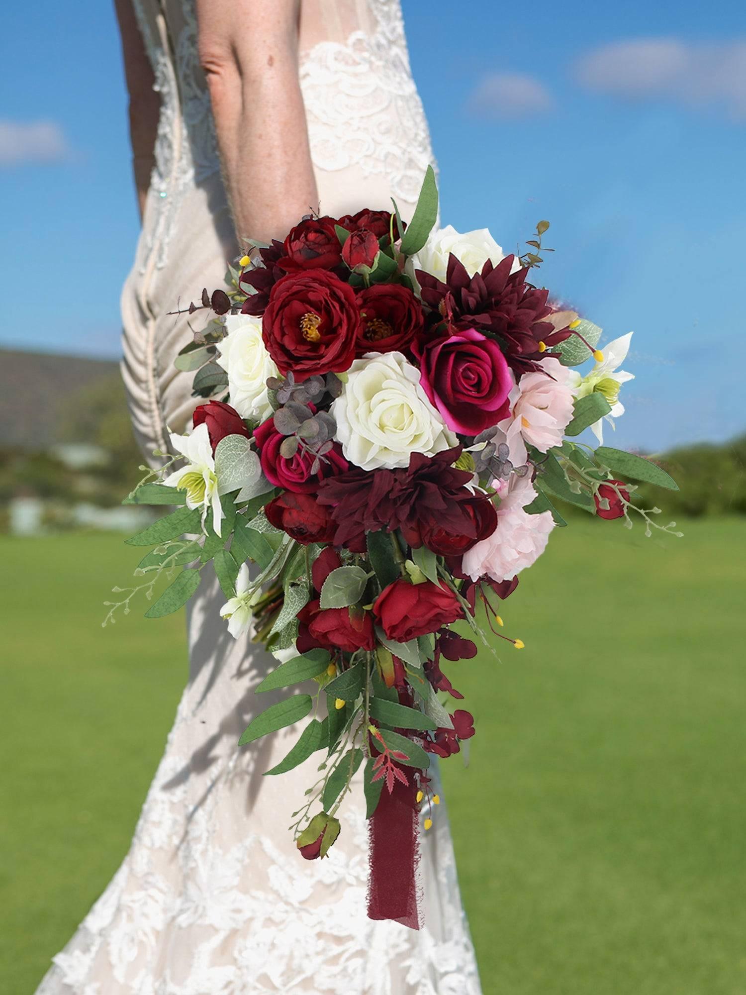 13.7 inch wide Burgundy Cascade Bridal Bouquet - Rinlong Flower