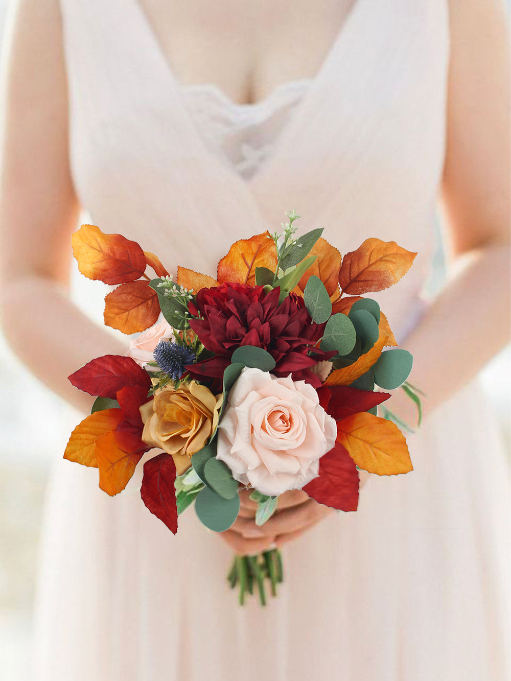 8.6 inch wide Red & Burnt Orange Bridesmaid Bouquet - Rinlong Flower