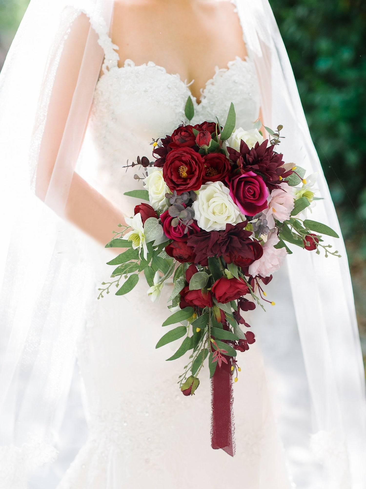 13.7 inch wide Burgundy Cascade Bridal Bouquet - Rinlong Flower