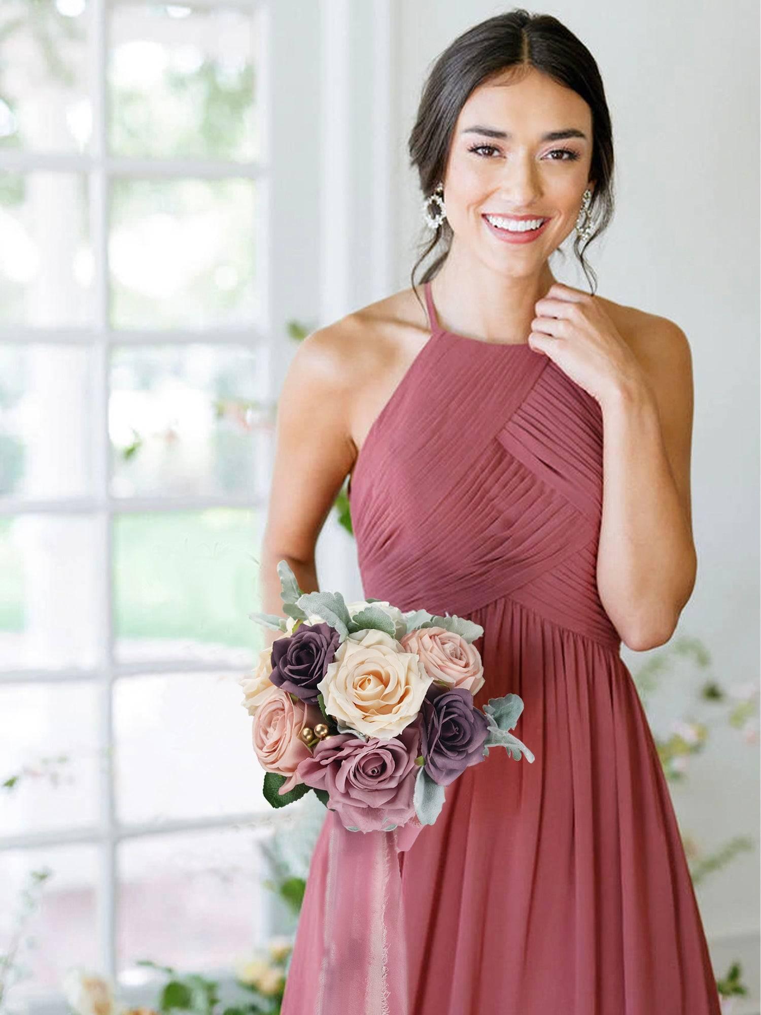 7.8 inch wide Dusty Rose & Mauve Bridesmaid Bouquet - Rinlong Flower