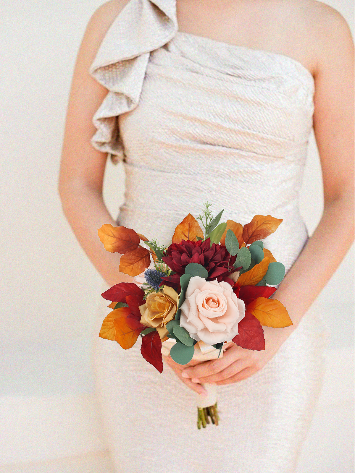8.6 inch wide Red & Burnt Orange Bridesmaid Bouquet - Rinlong Flower