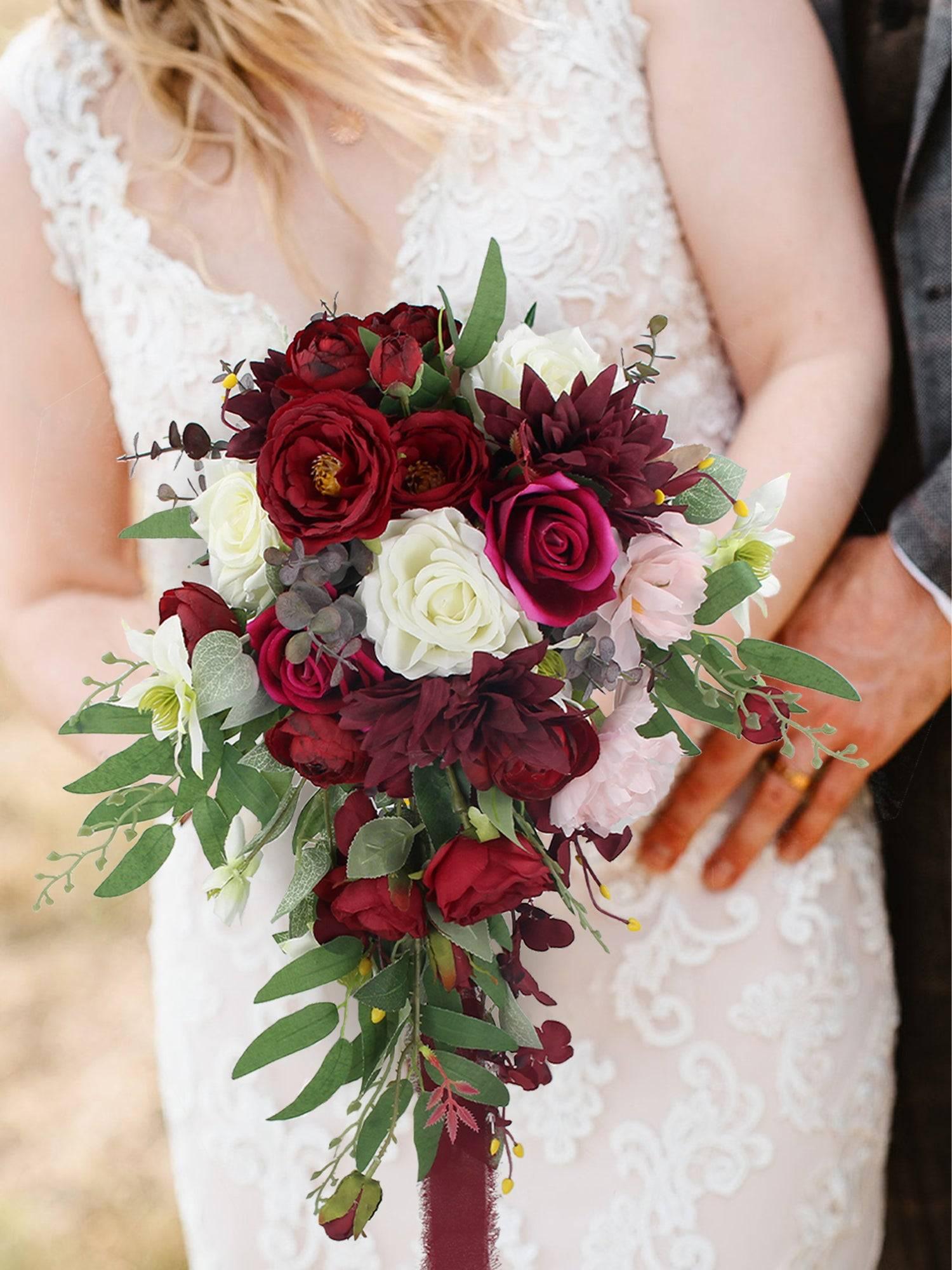 13.7 inch wide Burgundy Cascade Bridal Bouquet - Rinlong Flower